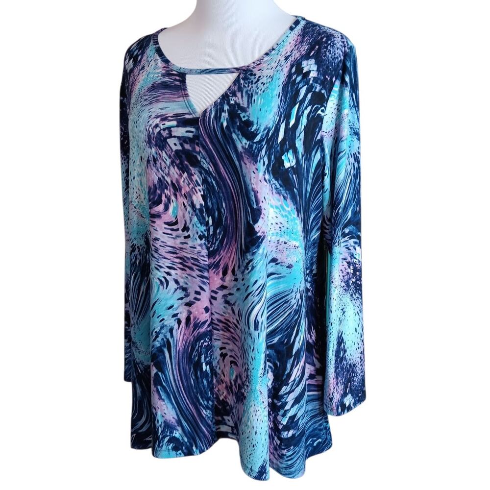 ATTITUDES BY RENEE Tunic Top Blouse Large PETITE Bright Watercolor Career Travel